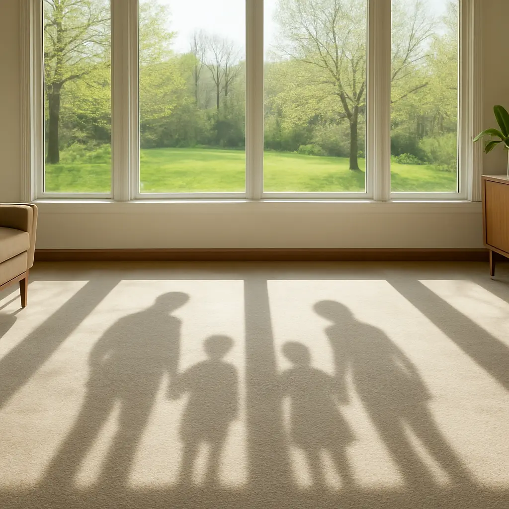 Bright May morning in a Lake Geneva home with freshly cleaned carpet, natural light streaming through windows overlooking spring landscape