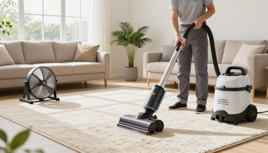 A bright, airy indoor space showcasing a modern living room with eco-friendly carpet being cleaned. In the foreground, a professional carpet cleaner in smart business attire uses a high-tech carpet cleaning machine, emphasizing the importance of optimized drying techniques. The middle ground features freshly cleaned carpets that are easily drying, with moisture-wicking mats and energy-efficient fans strategically placed. Sunlight streams through large windows, illuminating the room and creating a warm, inviting atmosphere. In the background, plants add a touch of nature, symbolizing a healthier indoor environment. The overall mood is fresh, clean, and environmentally conscious, reflecting the brand "Lake Geneva Carpet Cleaning".