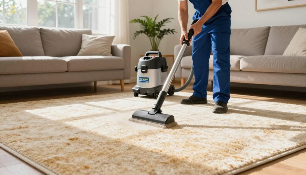 A bright and inviting living room showcasing the benefits of professional carpet cleaning by "Lake Geneva Carpet Cleaning." In the foreground, a fresh, clean carpet radiates a sense of cleanliness, with sunlight streaming through the windows, enhancing the vibrant colors. In the middle ground, a skilled technician in professional attire expertly cleans the carpet with advanced equipment, emphasizing the technical aspect of germ and odor removal. The background features comfortable furniture and plants, creating a welcoming atmosphere. Soft, natural lighting casts gentle shadows, adding depth and warmth to the scene. The overall mood is one of tranquility and assurance, highlighting the effectiveness of carpet cleaning in maintaining a healthy home environment, free from dust mites, germs, and unpleasant odors.
