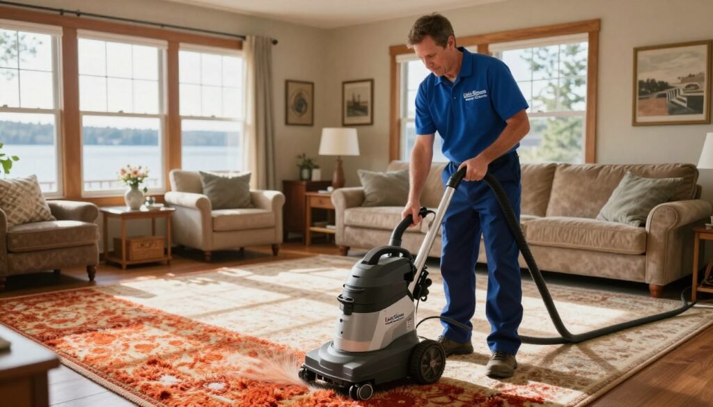 A professional carpet cleaning scene captured in Lake Geneva, WI, showcasing the logo "Lake Geneva Carpet Cleaning." In the foreground, a well-dressed technician in a crisp uniform operates a high-quality carpet cleaning machine, delicately rejuvenating a plush, vibrant carpet. The technician's focused expression reflects years of expertise and dedication, highlighting their local knowledge. In the middle ground, the interior of a cozy, well-lit living room is visible, featuring comfortable furniture and tasteful decor. Soft, natural light filters through large windows, casting gentle shadows and creating a warm, inviting atmosphere. In the background, a picturesque view of Lake Geneva can be seen through the windows, enhancing the local charm. The overall mood is professional yet approachable, emphasizing quality and care in carpet cleaning.