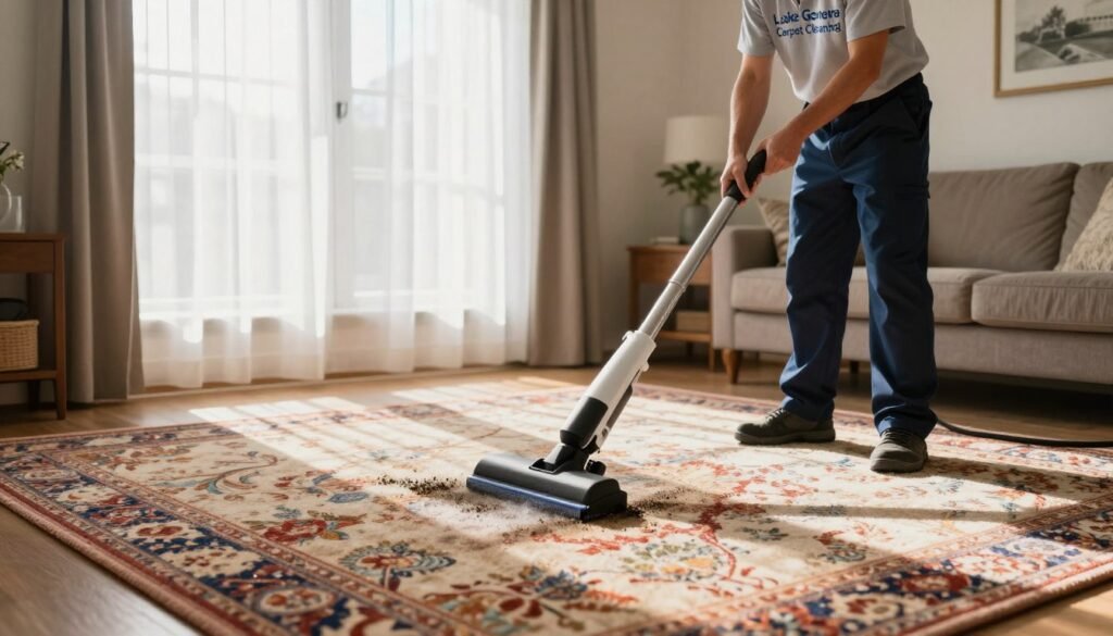 A professional carpet cleaning service in action, featuring a technician from "Lake Geneva Carpet Cleaning" wearing a neat uniform, demonstrating the effectiveness of their services in a bright, cozy living room. In the foreground, the technician uses advanced cleaning equipment on a plush, richly colored carpet, showcasing visible dirt being removed. In the middle ground, a sunlit window with sheer curtains casts warm light across the room, highlighting the carpet's texture and cleanliness. In the background, tidy furniture adds to the welcoming atmosphere. The mood is one of satisfaction and reassurance, emphasizing the peace of mind homeowners feel with a 100% satisfaction guarantee. Use soft, natural lighting to create an inviting ambiance and a wide-angle lens to capture the entire scene.