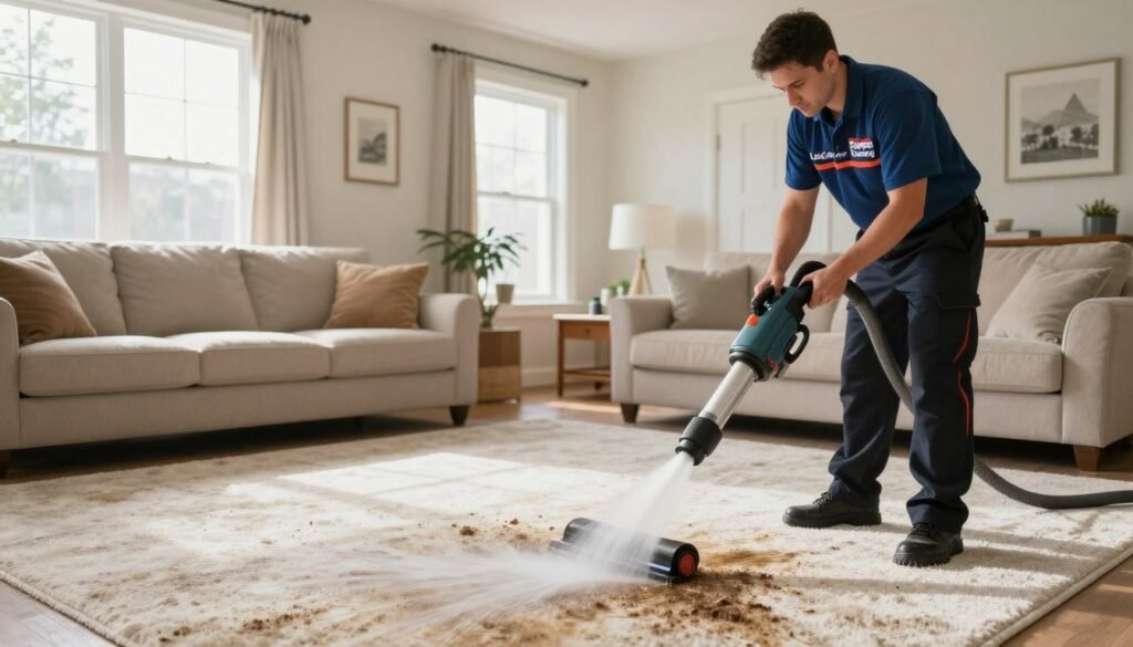 A professional carpet cleaning technician in a bright, well-lit living room is demonstrating truck-mounted hot water extraction techniques. In the foreground, the technician, dressed in a branded uniform with "Lake Geneva Carpet Cleaning" prominently displayed, is focused on using a powerful cleaning machine, showing water spraying onto a dirty carpet. The middle ground captures the plush carpet in detail, revealing stains being lifted away. The background features a cozy living room with soft natural light pouring through large windows, accentuating the cleanliness of the freshly cleaned carpet. The atmosphere is calm and informative, showcasing an effective cleaning process that promotes health and hygiene. The image should convey a sense of professionalism and expertise.