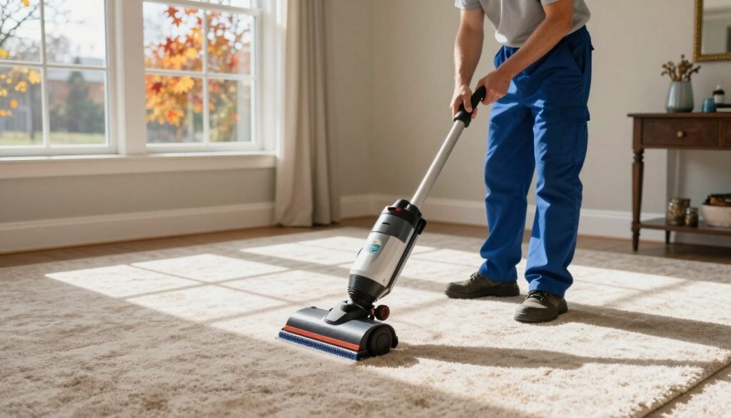 A professional carpet maintenance scene in Lake Geneva, WI, showcasing seasonal transition. In the foreground, a well-dressed technician in clean, business attire is skillfully using eco-friendly carpet cleaning equipment on a richly textured carpet, emphasizing the importance of maintenance. The middle ground features a beautifully appointed room with sunlight streaming through large windows, casting gentle shadows that highlight the carpet's softness. In the background, seasonal decor hints at the changing seasons, with autumn leaves visible through the windows. The atmosphere is fresh and inviting, reflecting a commitment to eco-friendly practices, enhancing the warmth and cleanliness of the space. Ensure the logo "Lake Geneva Carpet Cleaning" is subtly integrated into the scene, positioned in a way that blends seamlessly with the environment.