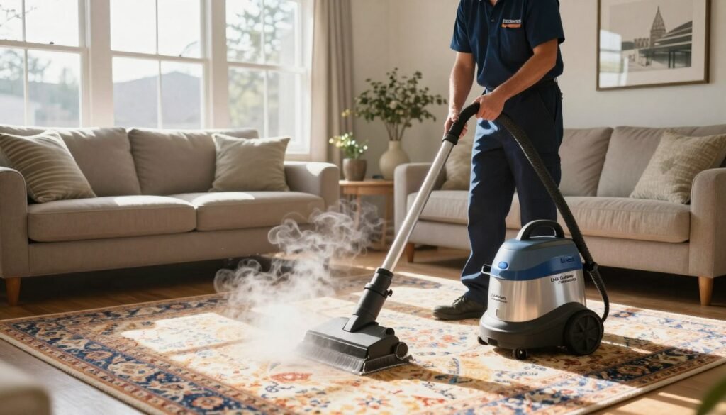 A serene and inviting living room scene in Lake Geneva, WI, showcasing a professional steam carpet cleaning service. In the foreground, a skilled technician dressed in a neat uniform from "Lake Geneva Carpet Cleaning" is using a steaming machine on a vibrant, patterned carpet, with steam rising gently. The middle ground features a clean and well-organized room, with sunlight streaming through large windows, illuminating the space and creating a warm, welcoming atmosphere. In the background, soft, muted colors of a cozy couch and tasteful decor enhance the feeling of comfort. The lighting is bright and natural, reflecting a peaceful day. The overall mood is professional yet inviting, emphasizing the effectiveness of carpet cleaning while suggesting a prepared home environment.
