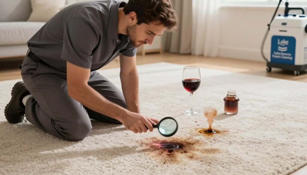 A split-screen image depicting the process of identifying carpet stains and odors needing professional attention. In the foreground, a professional carpet cleaner, dressed in modest, professional attire, kneels next to a spot on the carpet, examining it closely with a magnifying glass. In the middle ground, various common stains—red wine, pet urine, and ink—are visually highlighted, showing textures and colors distinctly. The background features a well-lit room with neutral tones, showcasing the carpet's texture and a corner with cleaning equipment labeled "Lake Geneva Carpet Cleaning." The lighting is warm and inviting, with soft shadows, creating a focused and professional atmosphere.