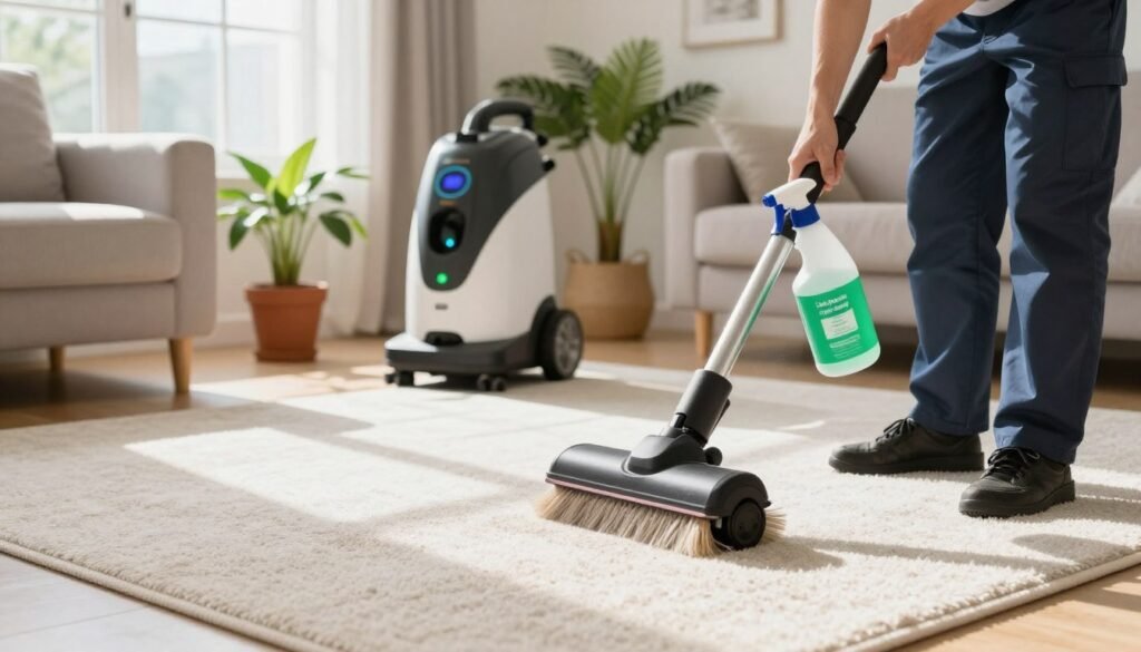 A sunny living room with a cozy atmosphere, featuring a light-colored eco-friendly carpet being cleaned with modern equipment. In the foreground, a professional technician wearing a branded uniform from "Lake Geneva Carpet Cleaning" is using a green, eco-safe cleaning solution with a spray bottle, showcasing its biodegradable label. In the middle ground, a high-tech carpet cleaning machine with soft, natural cleaning brushes is positioned alongside some potted plants, indicating a connection to nature. The background reveals a window with gentle sunlight streaming in, illuminating the room and creating a fresh, inviting ambiance. The scene conveys a sense of cleanliness, sustainability, and innovation, emphasizing the benefits of eco-friendly carpet cleaning solutions and modern technology.