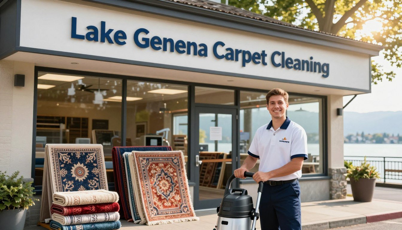 A welcoming scene depicting the exterior of a Lake Geneva Carpet Cleaning company storefront, showcasing a clean and well-maintained facade with the brand name "Lake Geneva Carpet Cleaning" prominently displayed. In the foreground, a friendly, professional staff member in a tidy uniform is seen holding a carpet cleaning machine, ready to assist customers. In the middle ground, neatly arranged carpets in various colors and patterns highlight the services offered. The background features the serene beauty of Lake Geneva, with soft sunlight filtering through trees, creating a warm and inviting atmosphere. The image is captured with a slight angle from the right to emphasize the storefront and staff, with natural lighting enhancing the inviting ambiance, evoking trust and professionalism.
