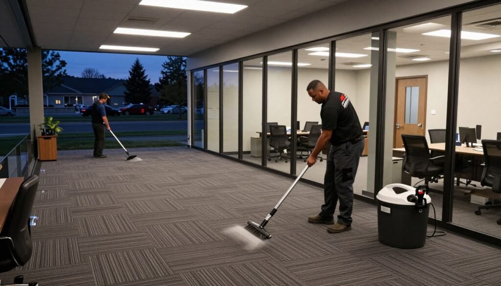 After-hours commercial carpet cleaning service in progress