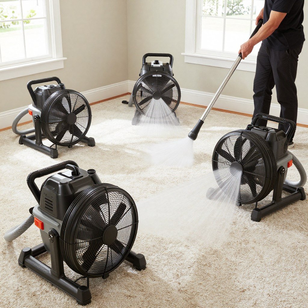 Air mover fans positioned around freshly cleaned carpet to speed drying