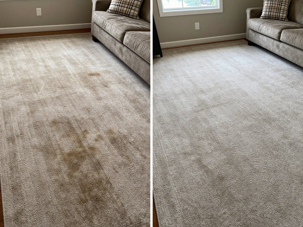 Before and after comparison of carpet cleaning results showing stain removal