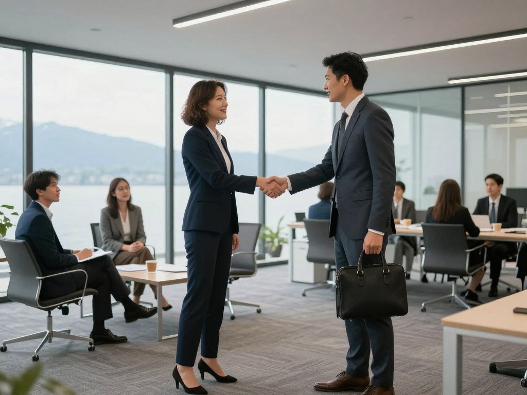 Business professional greeting client in clean office space
