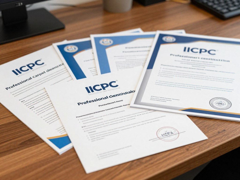 Carpet cleaning certification documents and training materials displayed on desk