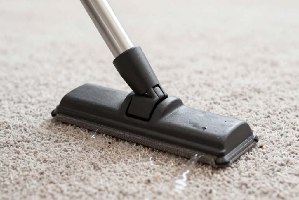 Close-up of professional carpet cleaning wand removing dirt from carpet fibers