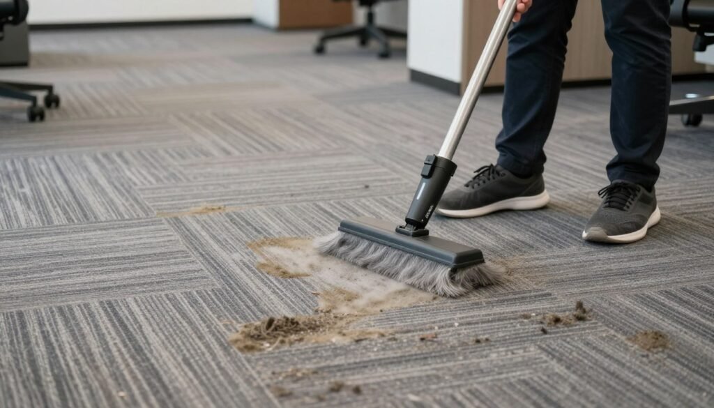 Dirty commercial carpet showing stains and high traffic wear patterns