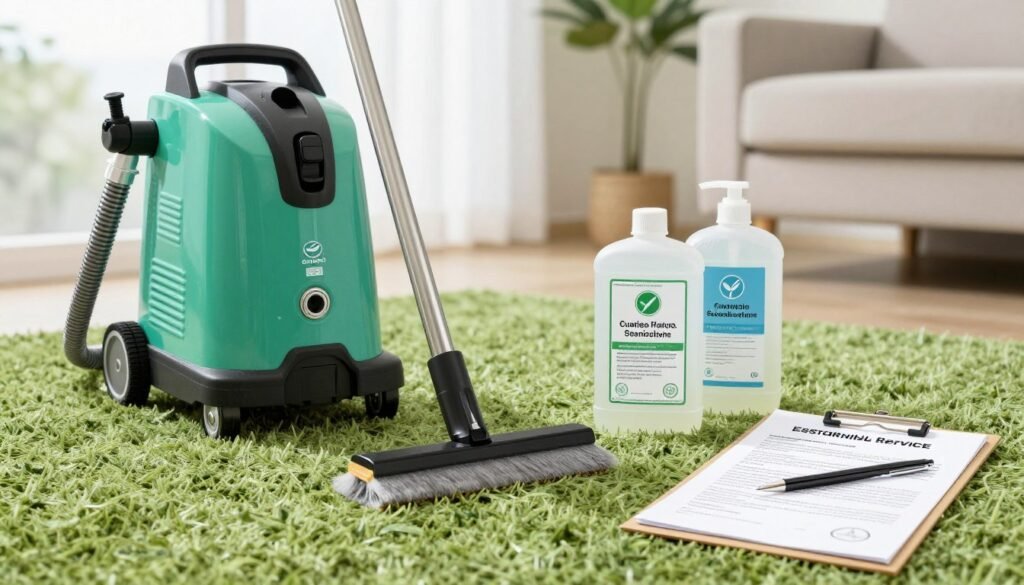 Eco-friendly carpet cleaning process showing water conservation and safe methods
