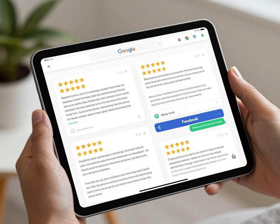 Five-star customer reviews for carpet cleaning services displayed on tablet