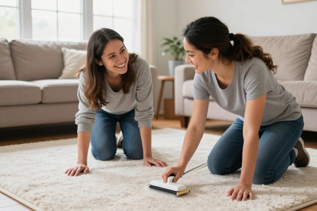 Happy Lake Geneva homeowner inspecting freshly cleaned carpet with technician