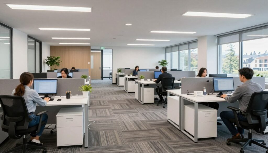Healthy office environment with clean carpets and employees working