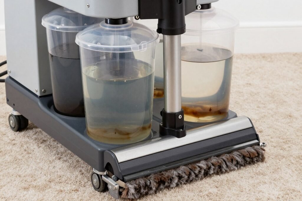 Hot water extraction carpet cleaning equipment in action on residential carpet