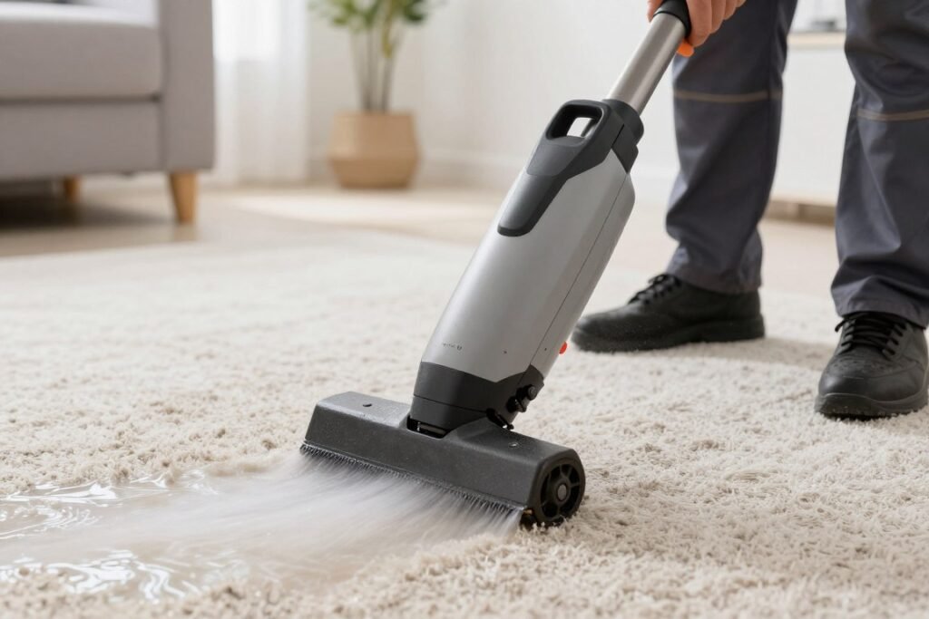 Professional carpet cleaning showing proper water extraction technique