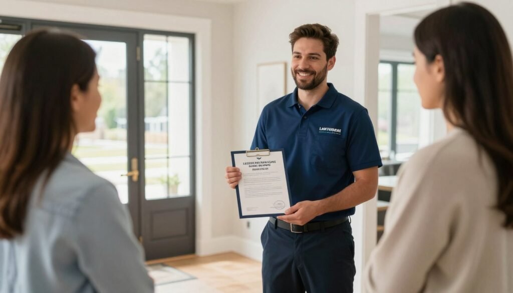 Professional carpet cleaning technician showing certification to homeowner in Lake Geneva residence