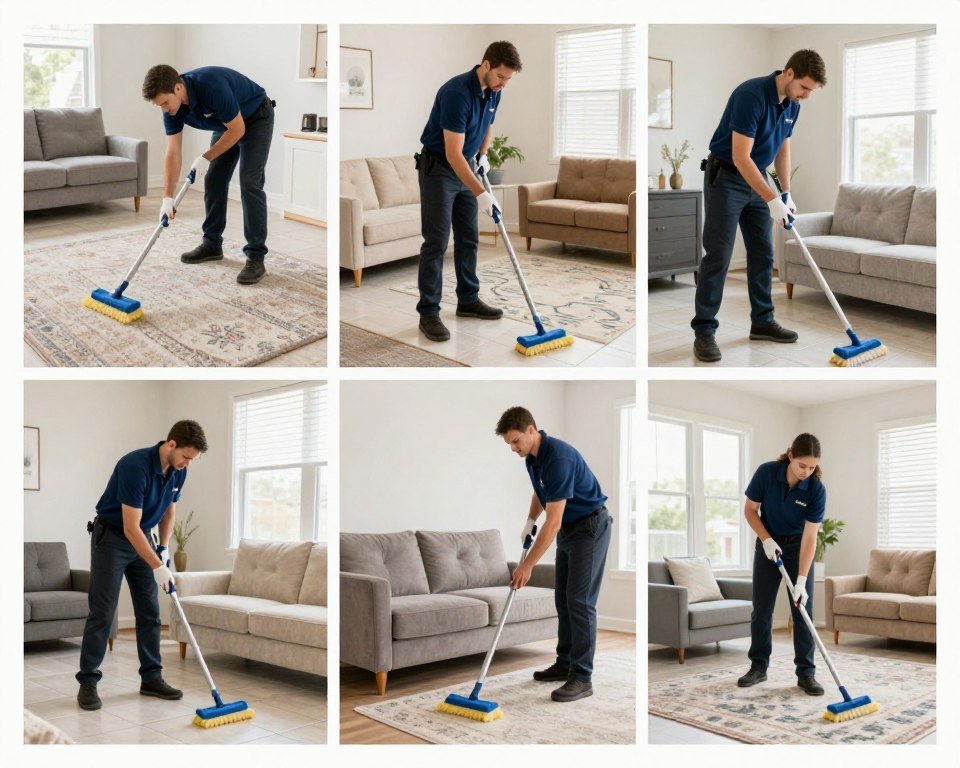 Professional cleaning various surfaces including carpet, tile, and upholstery