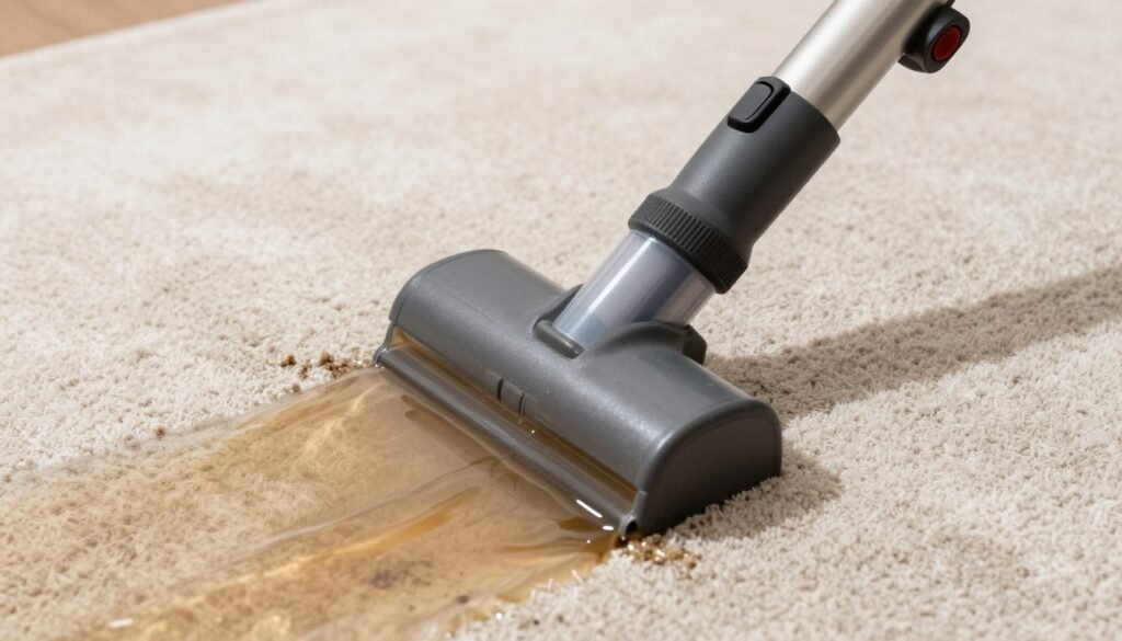 Professional cleaning wand extracting dirty water from carpet showing visible dirt removal