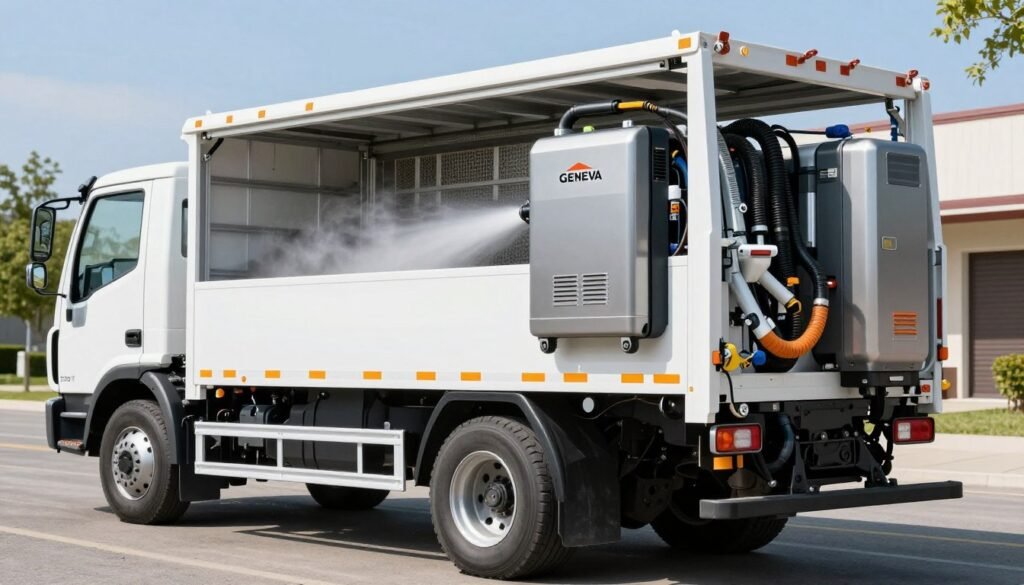 Professional truck-mounted carpet cleaning equipment in action