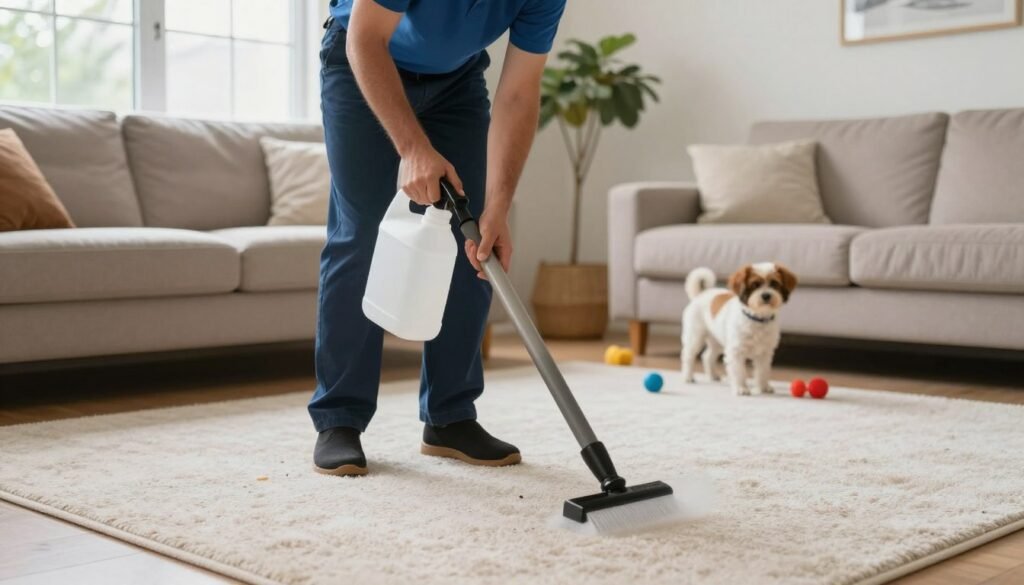Technician applying safe carpet cleaning solution in family home with pets