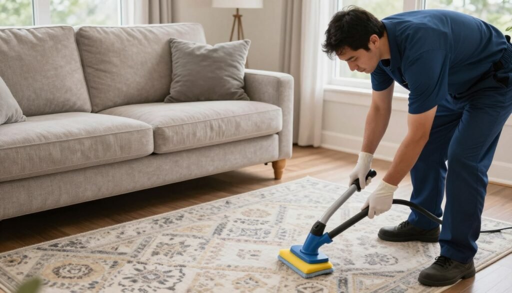 Upholstery and area rug cleaning services being performed by professionals