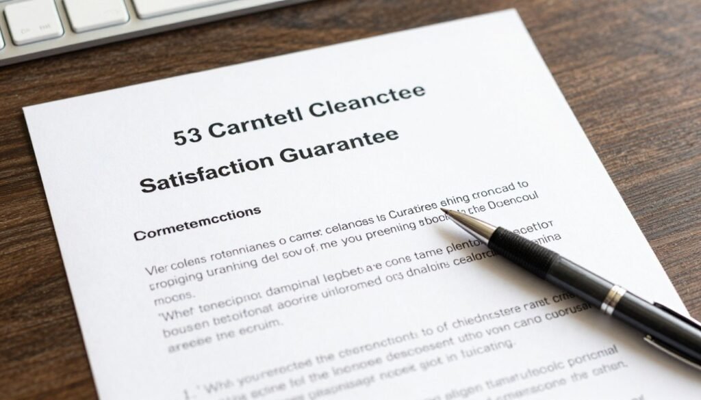 Written guarantee and warranty document for carpet cleaning services